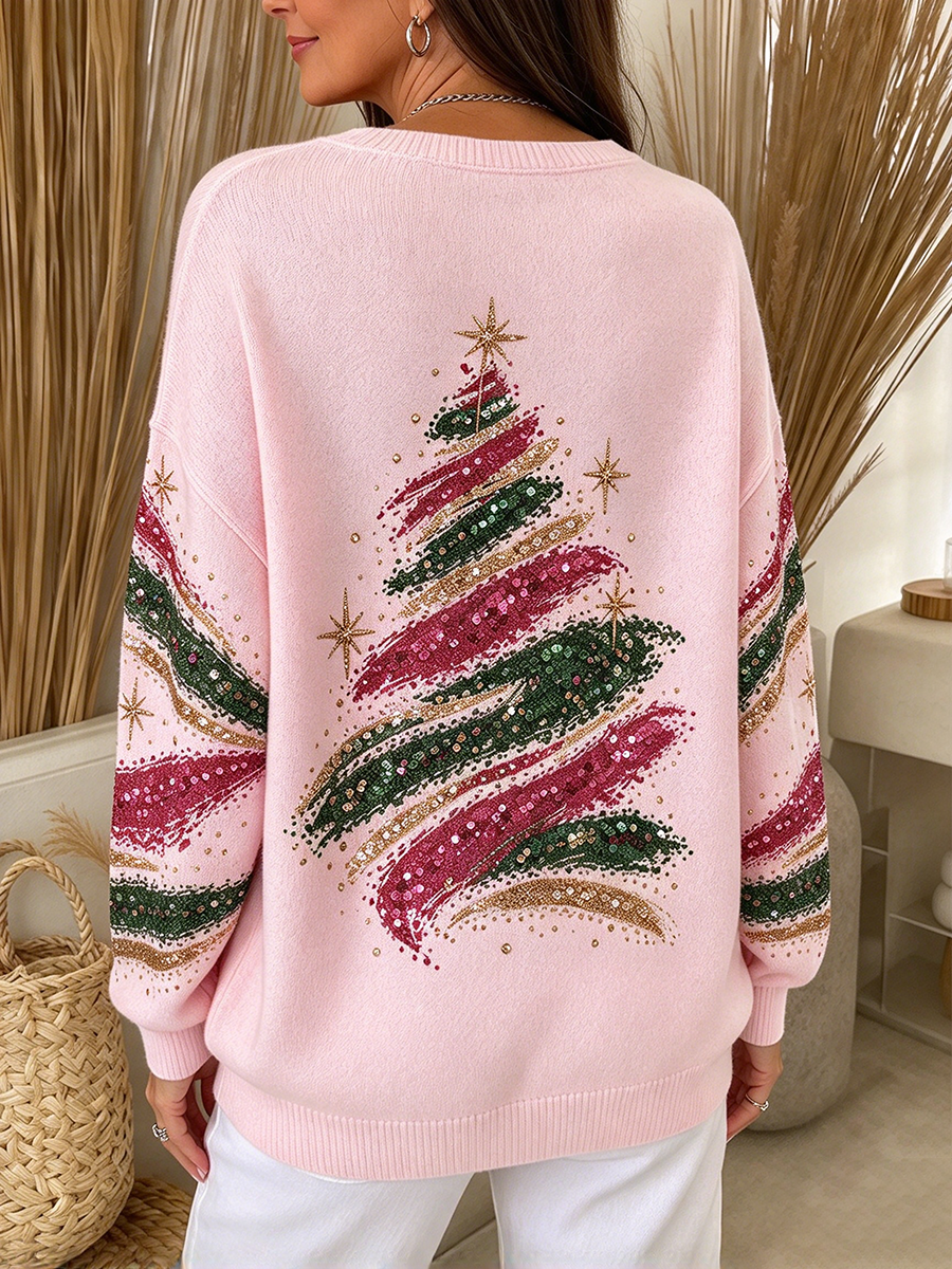 Chic Cozy Christmas Tree Pink Graphic Sweater
