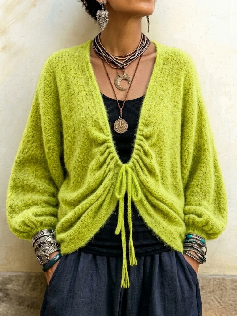 V-neck Drawstring Ruched Lantern Sleeve Knit Cardigan