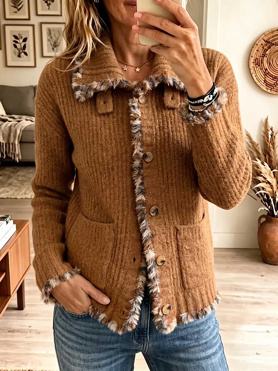 Women's Brown Textured Knit Button-down Cardigan With Faux Fur Trim