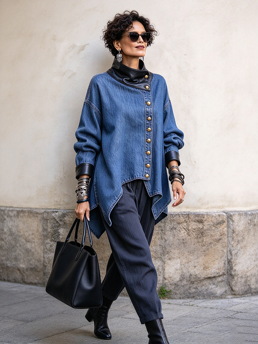 Edgy Chic Denim Asymmetrical Button Jacket