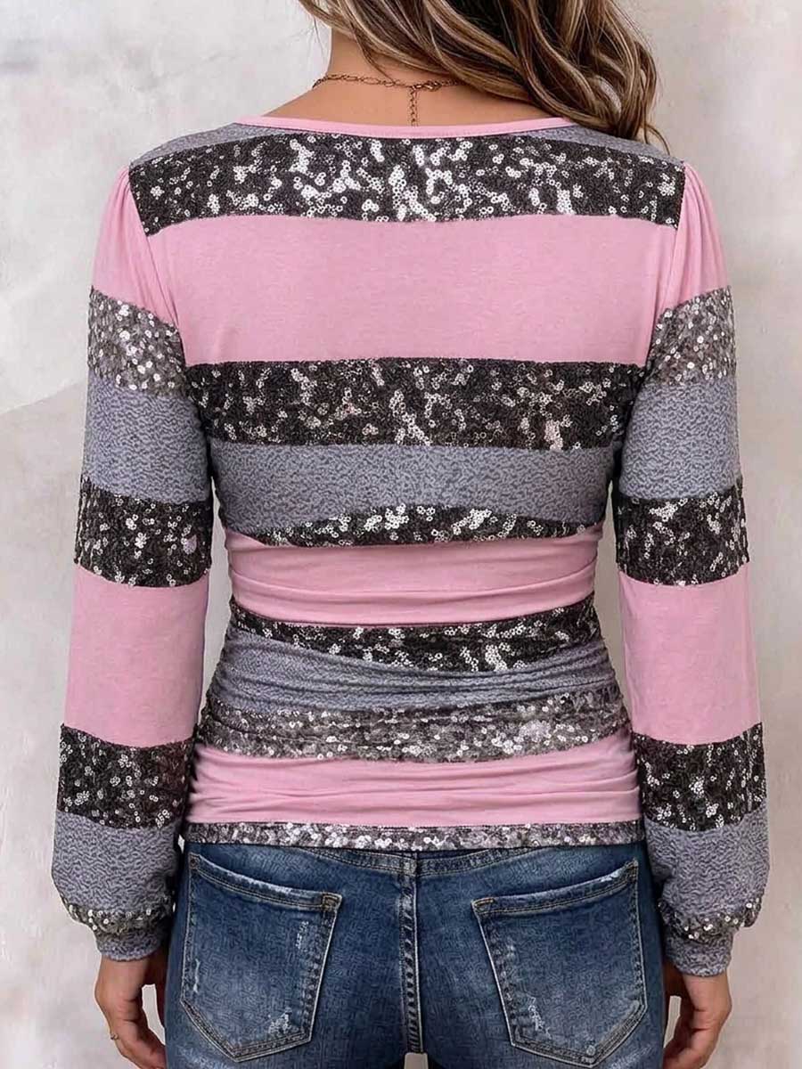 Women's V-Neck Color Block Striped Sequin Long Sleeve Top.