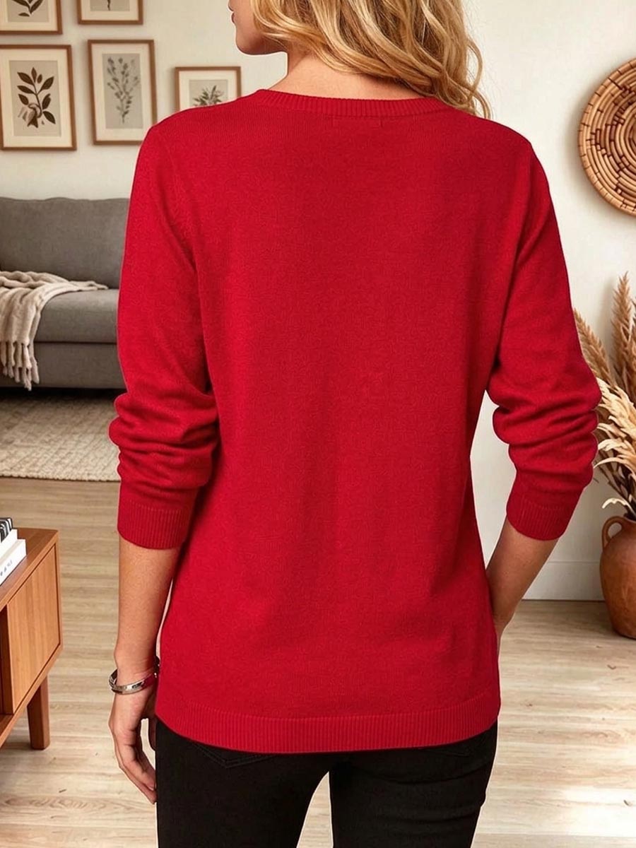 Women's Red Knit Tunic Sweater with Diagonal Grommet Detail