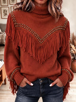 Boho Fringe & Studded Turtleneck Knit Pullover