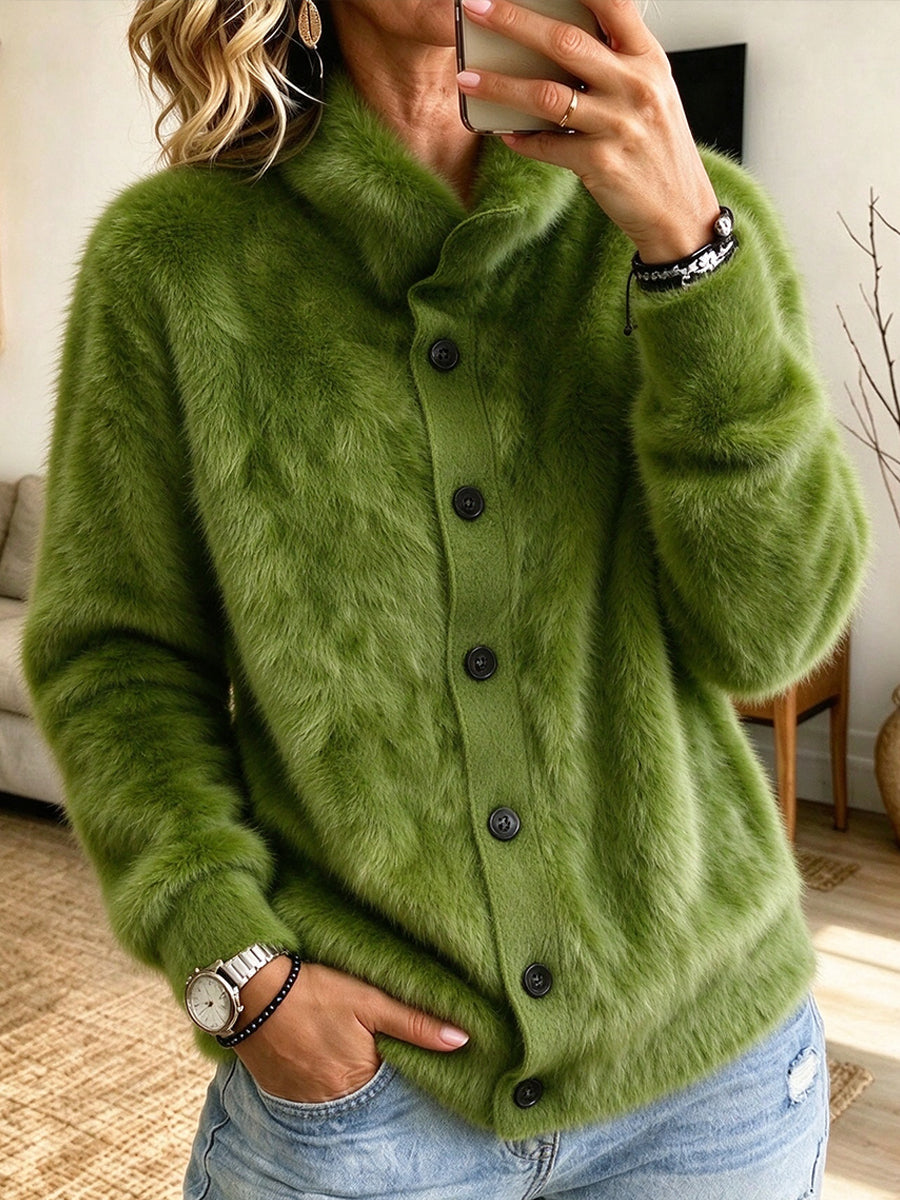 Cozy Bright Green Plush Knit Cardigan With A Stand-up Collar