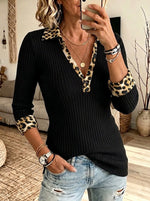Chic Ribbed Knit Top With Leopard-print Trim