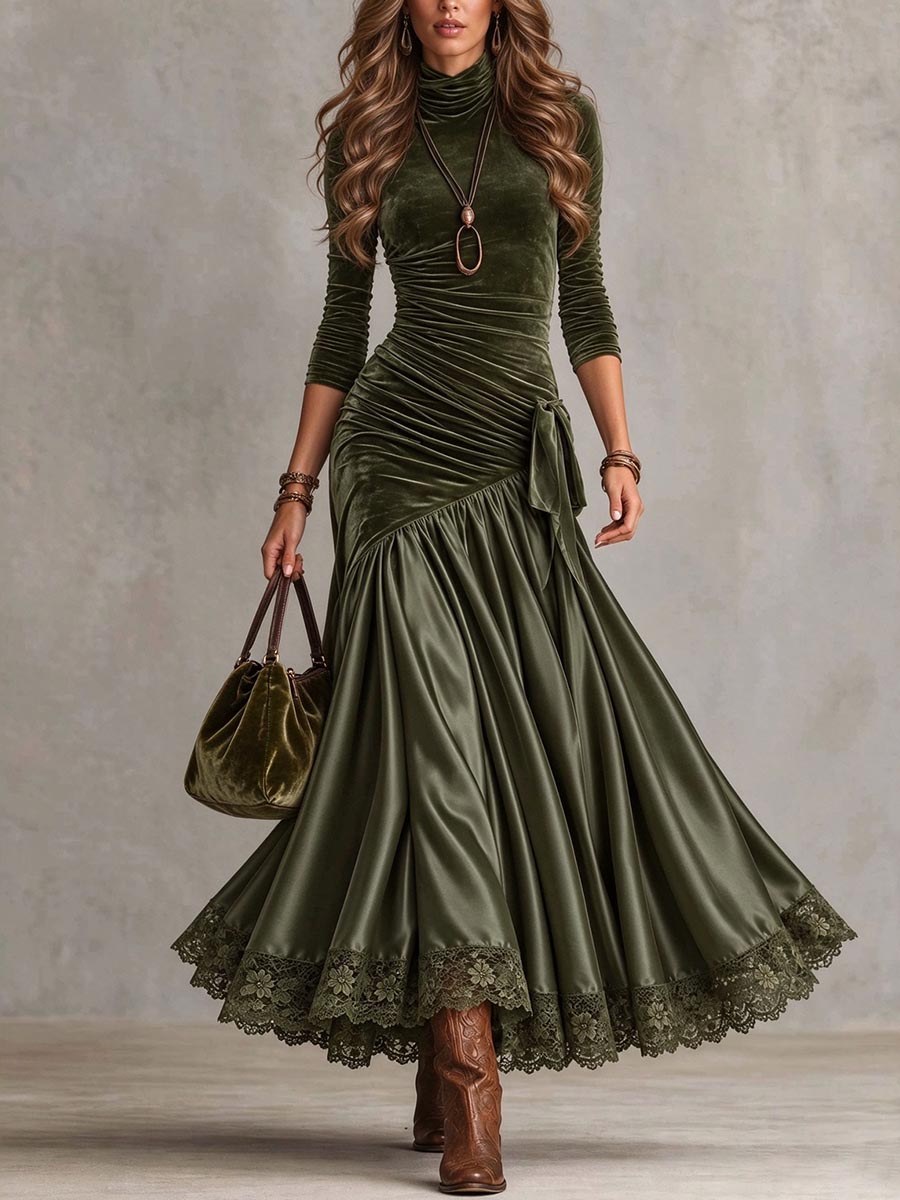 Women's Vintage Velvet Ruched Maxi Dress with Lace Trim