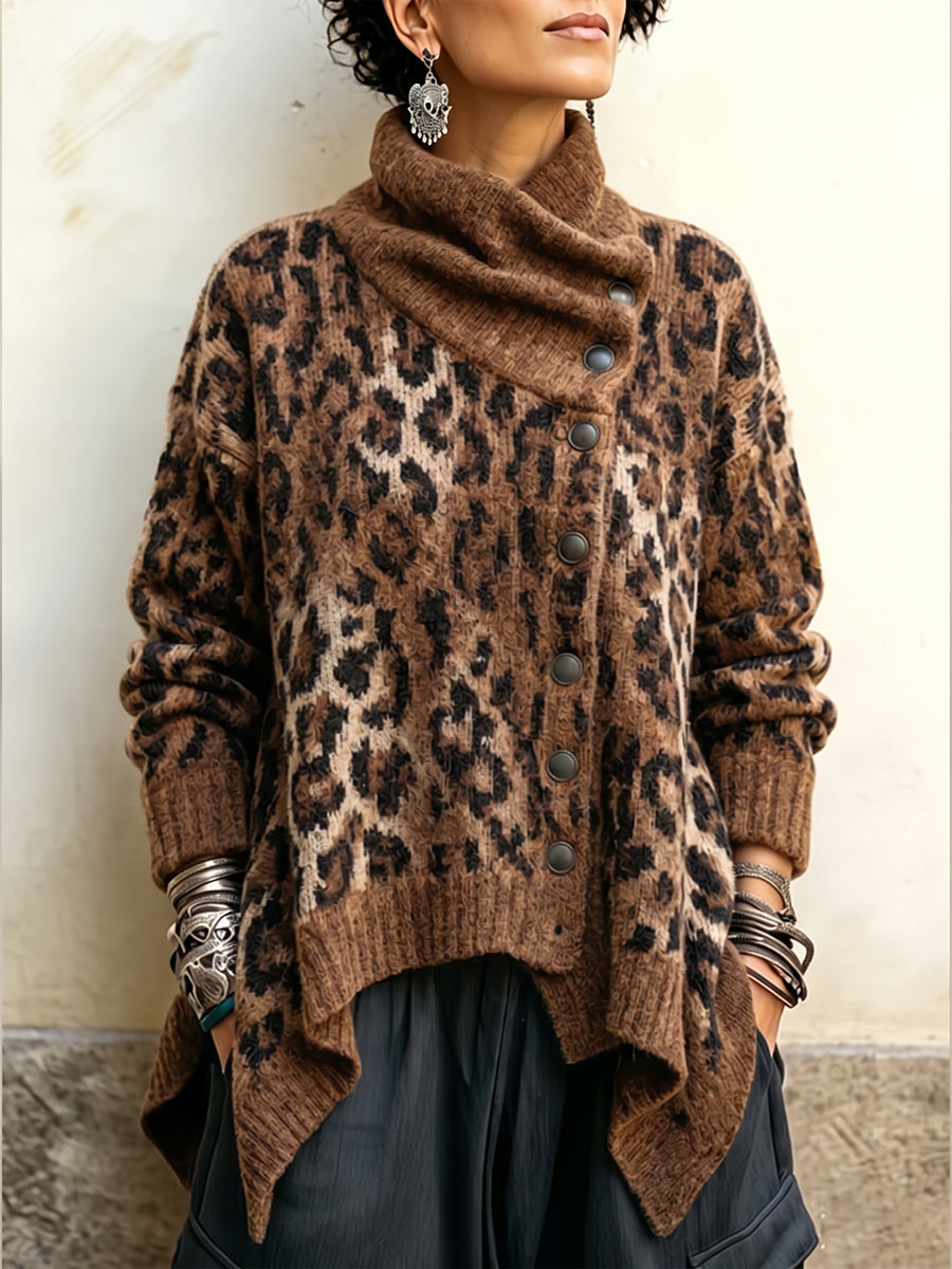 Cozy Leopard Print Asymmetric Cardigan