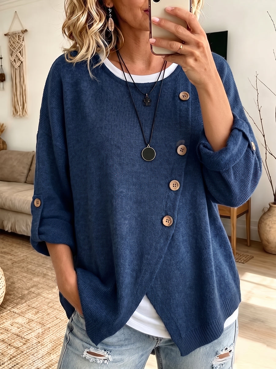 Cozy Asymmetric Button-Accented Knit Pullover