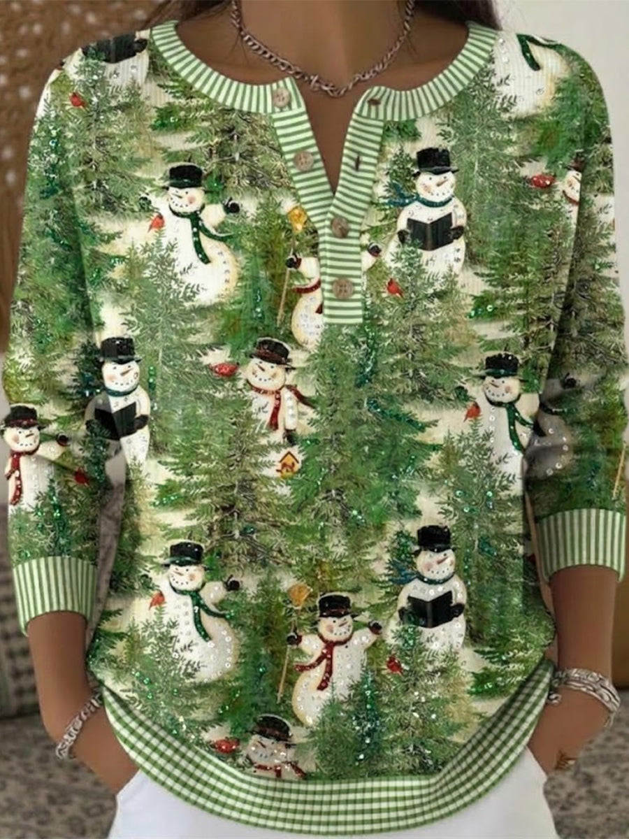 Christmas Snowman And Pine Tree Print Henley Knit Sweater
