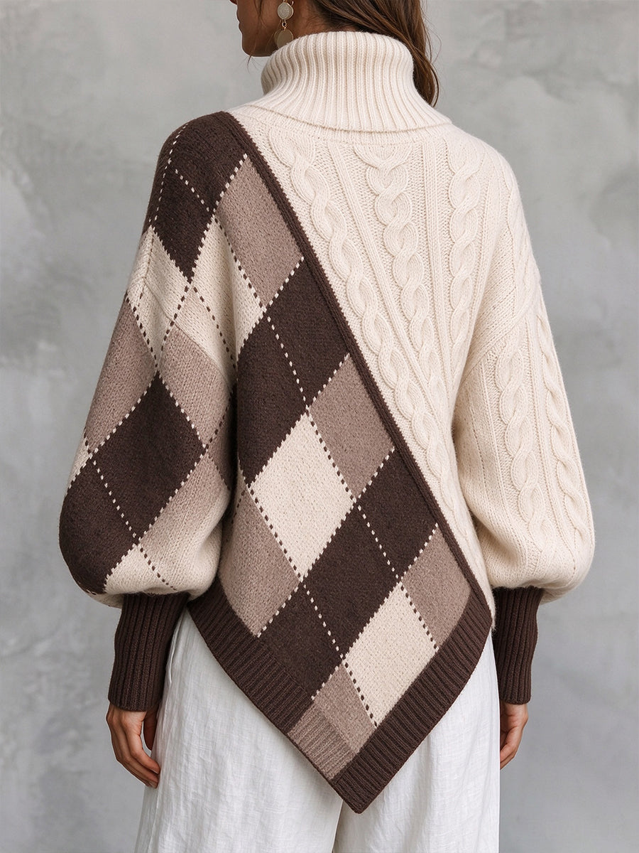 Chic Colorblock Argyle Turtleneck Knit Pullover