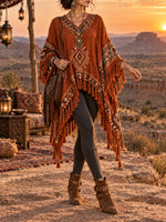 Boho Aztec Fringe Linen Cape