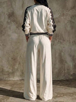 Two-piece Set Featuring A Color-block Lace-panel Baseball Jacket And Wide-leg Trousers