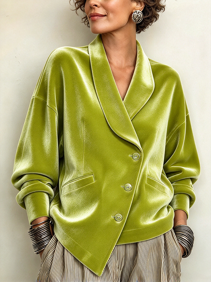 Chic Urban Green Shawl Collar Velvet Top