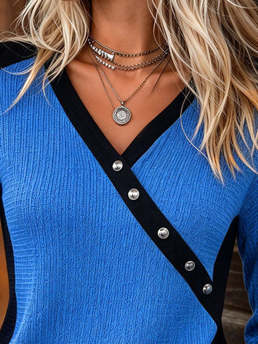 Casual Chic Colorblock V-neck Long-sleeve Top