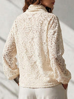 Women's Solid Color Mock Neck Long-sleeve Casual Loose Lace-embroidered Top
