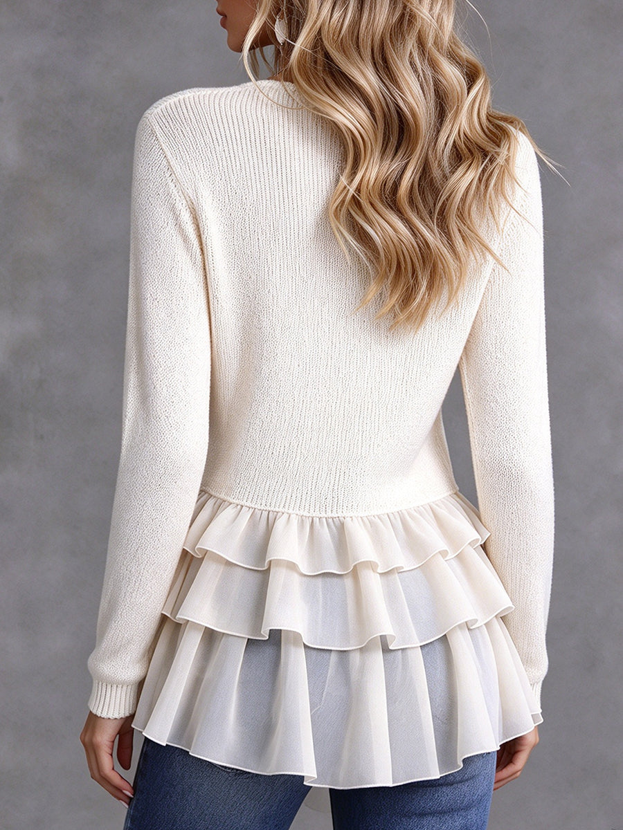 Chic Knit Top With Chiffon Paneling And Tie-detail