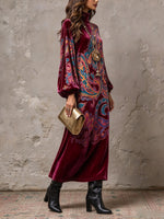 Vintage-style Paisley Print Velvet Midi Dress