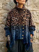 Velvet High-neck Top Featuring An Ombre Leopard Print And An Asymmetrical Button-front Design