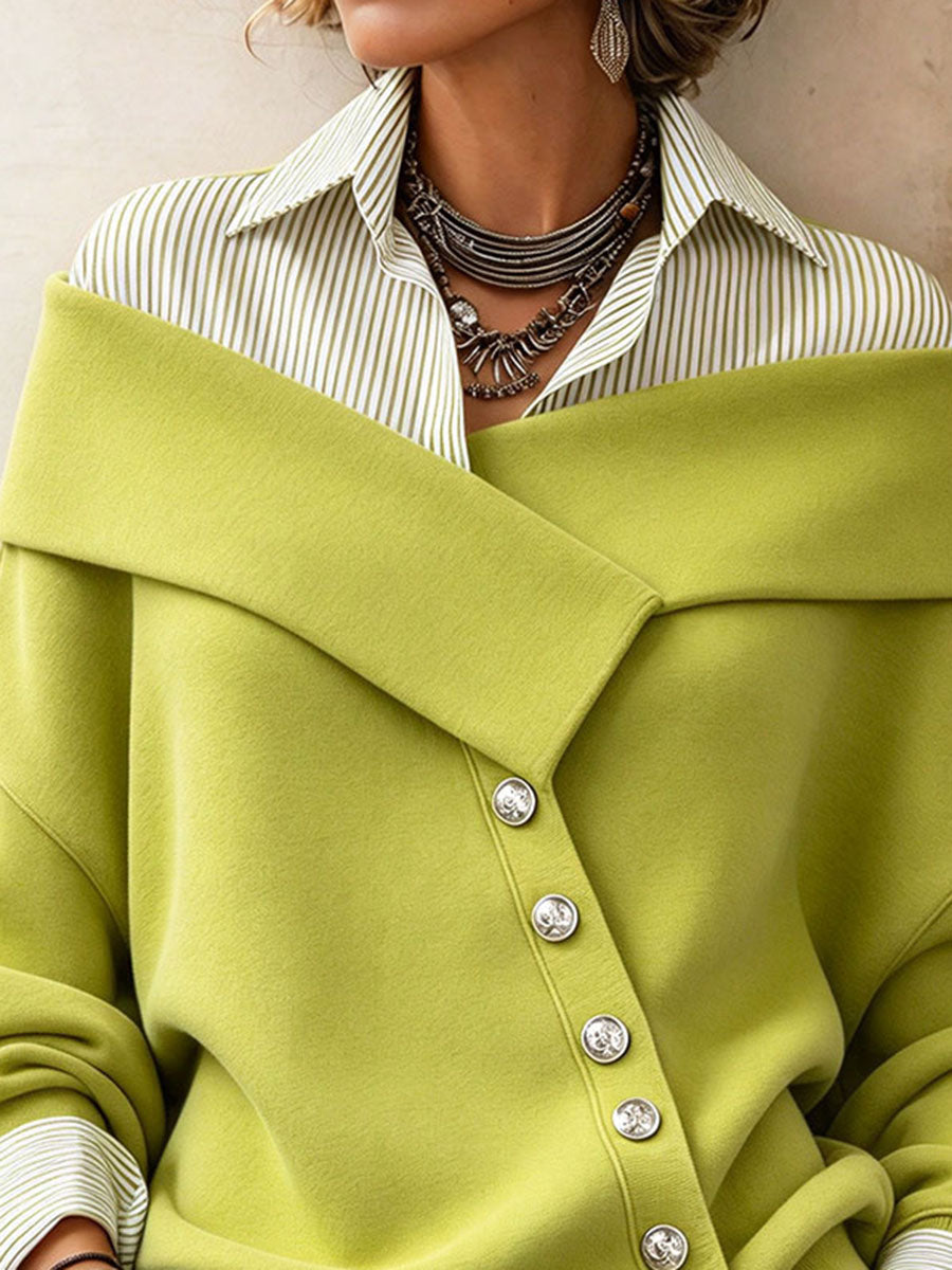 Chic Asymmetric Relaxed Faux Two-piece Olive Green Sweatshirt