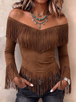 Boho Fringe Off-Shoulder Long-Sleeve Top