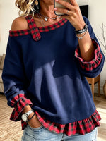 Casual Chic Plaid-paneled Off-shoulder Sweatshirt