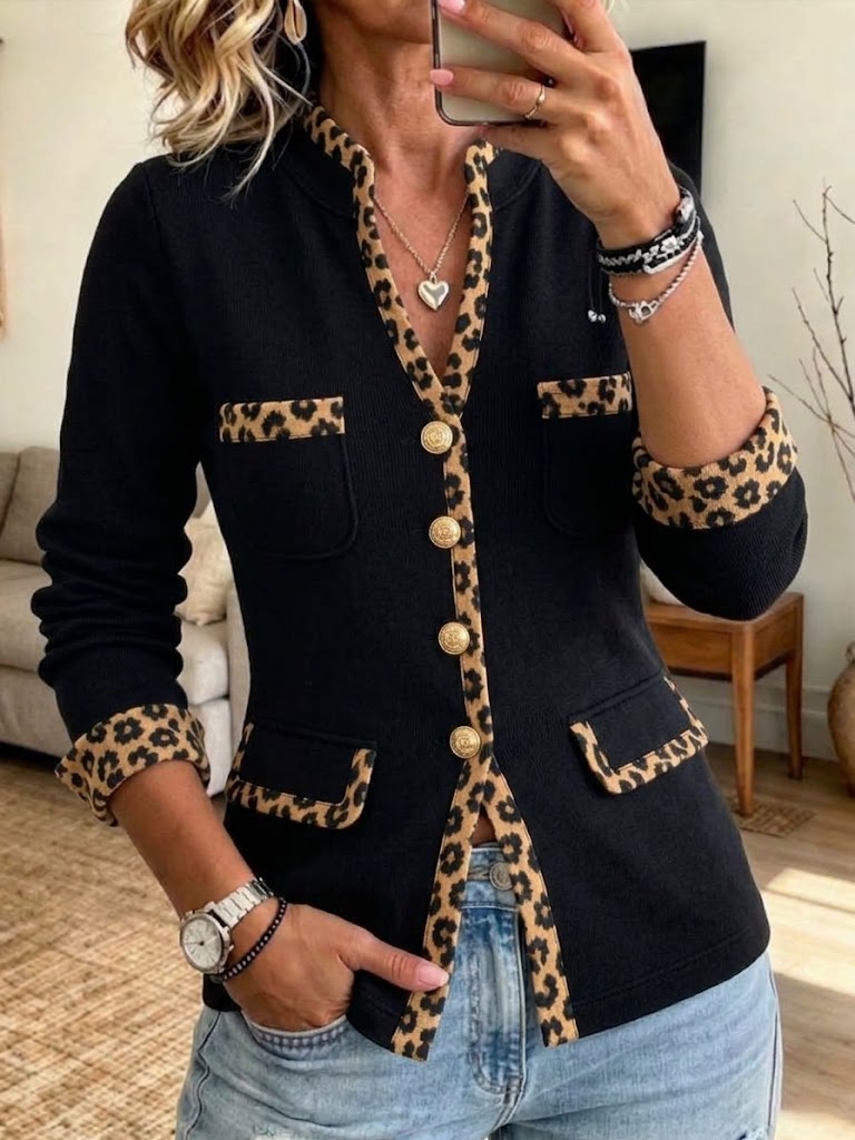 Chic Color-block Knit Cardigan With Leopard Print Panels