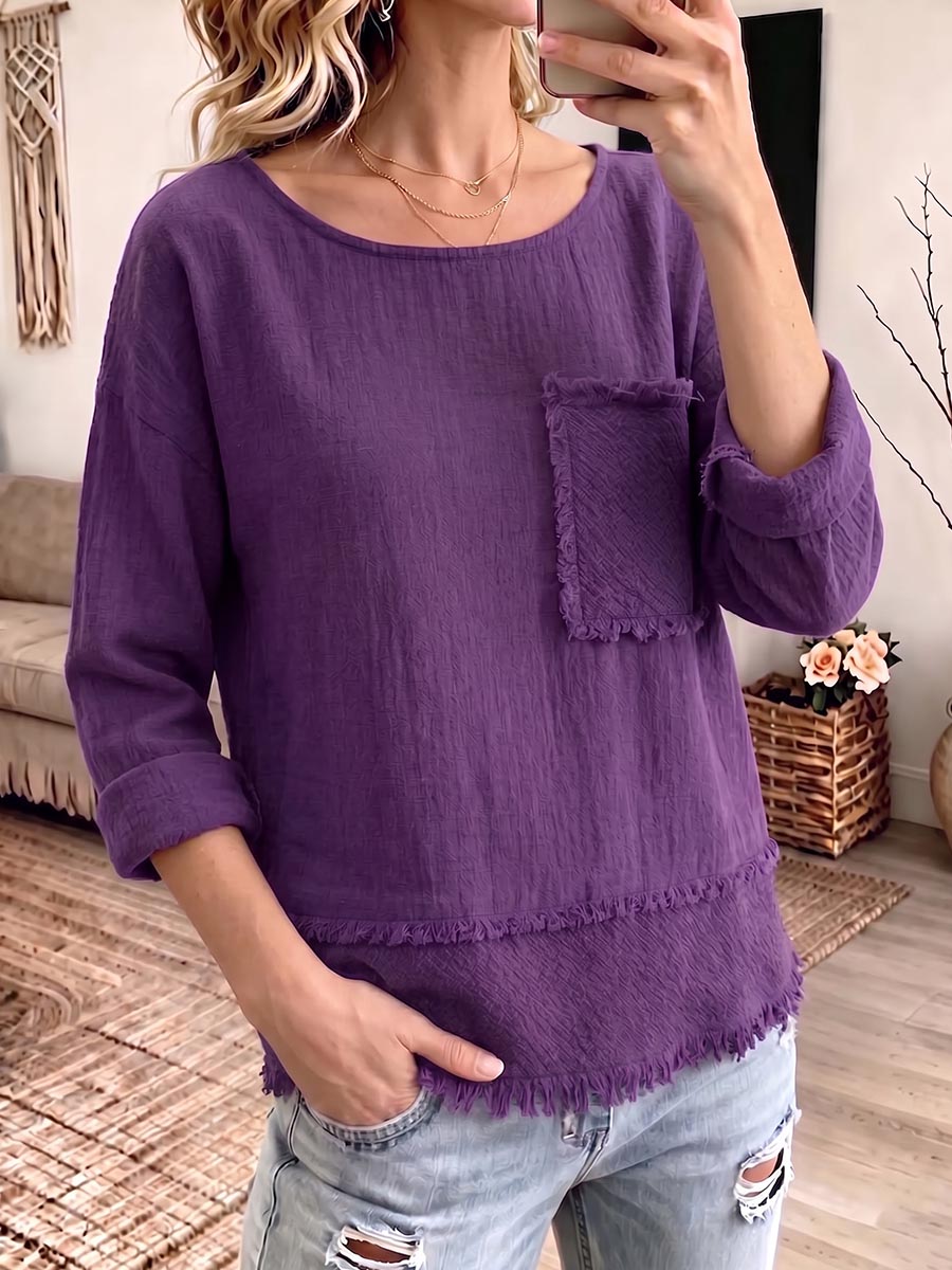 Women's Solid Color Crew Neck Long-sleeve Loose Casual Cotton-linen Top With Tassels