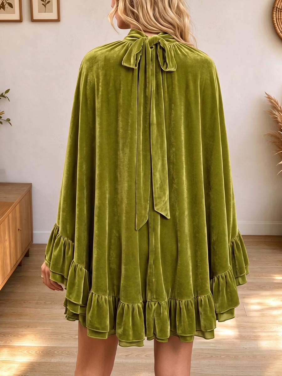 Elegant Olive Green Velvet 2-piece Dress Set: Ruffled Mock Neck Cape Overlay & Cami Mini Dress