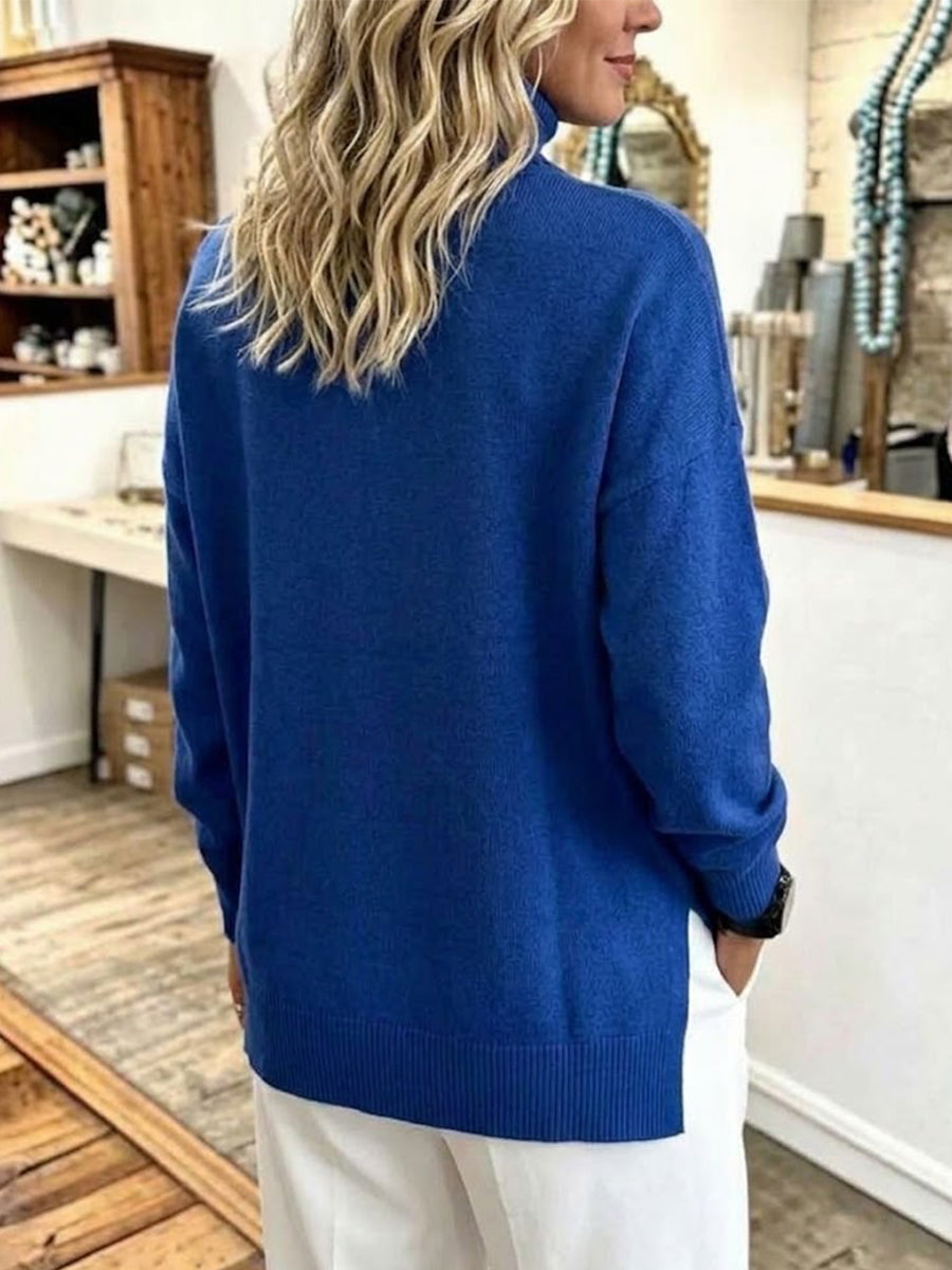 High-neck, Side-slit, Loose-fit Knitted Sweater