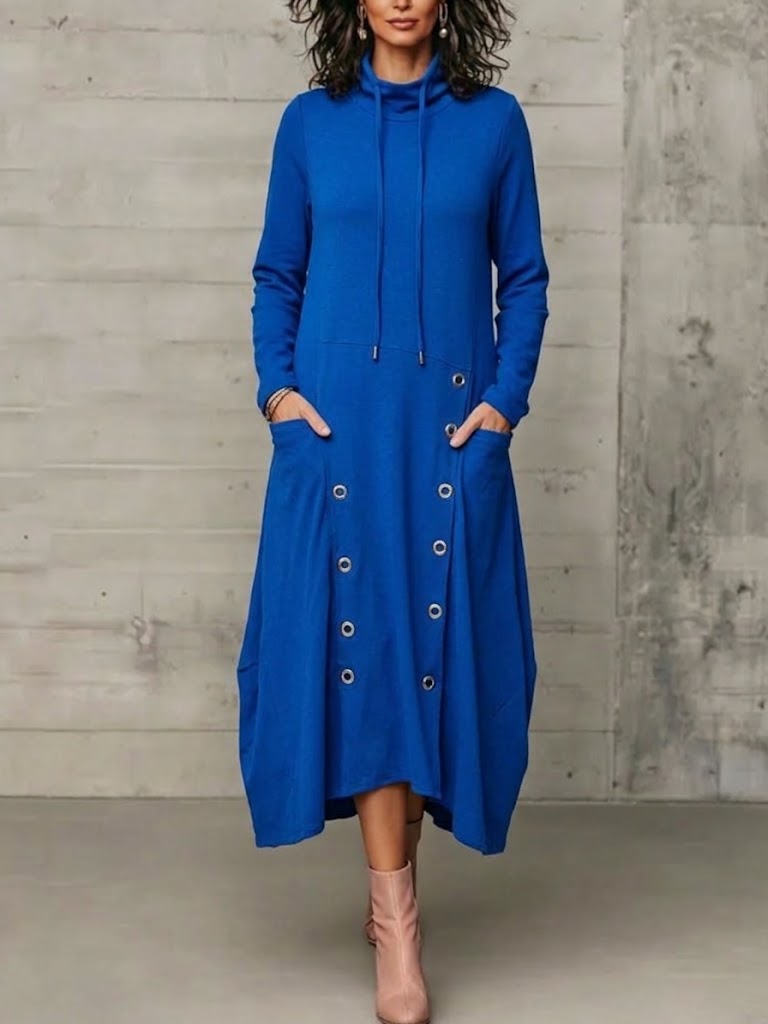 Midi-length Dress With A Mock Neck, Drawstring, Button Detailing, And Pockets