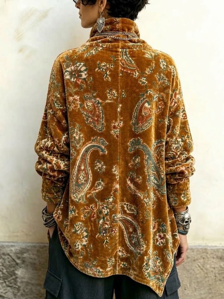 Velvet High-neck Top Featuring A Paisley Pattern And An Asymmetrical Button-front Design