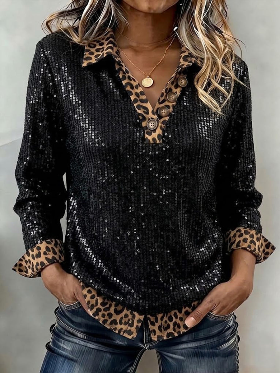 Leopard Contrast Sequin Lapel Long Sleeve Top