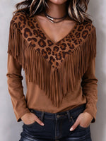 Chic Western-style Leopard Print Faux-suede Top With Fringe