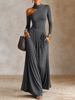 Women's Asymmetrical Off-shoulder Long Sleeve Maxi Dress With Tie Waist
