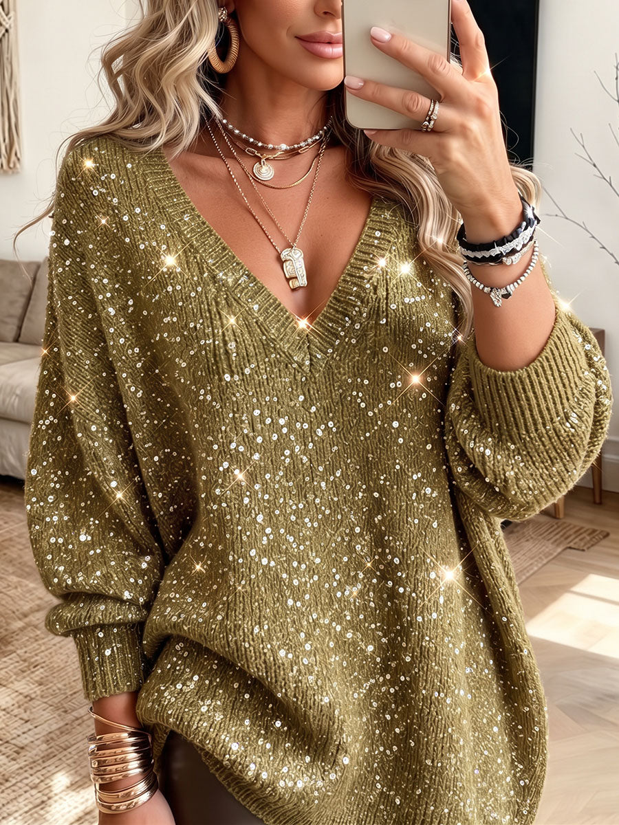 Sparkly Olive Green V-neck Sweater