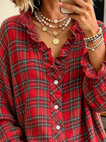 Casual Ruffled V-neckline Plaid Lace-trim Cozy Blouse