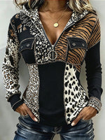 Chic Animal Patchwork Print Ribbed Hooded Top