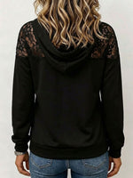 Women's Solid Color Lace-panel Long-sleeve Casual Loose Hooded Pullover Sweatshirt