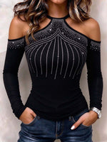Women's Rhinestone Cold Shoulder Halter Neck Blouse