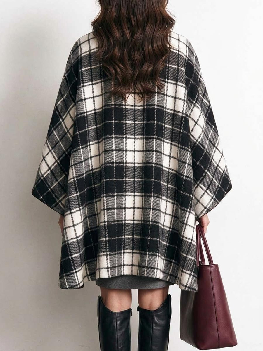 Women's Black and White Plaid Button-Front Cape Coat