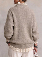 Loose-fit Knit Sweater With A Half-zip, Stand Collar, And Lace Paneling