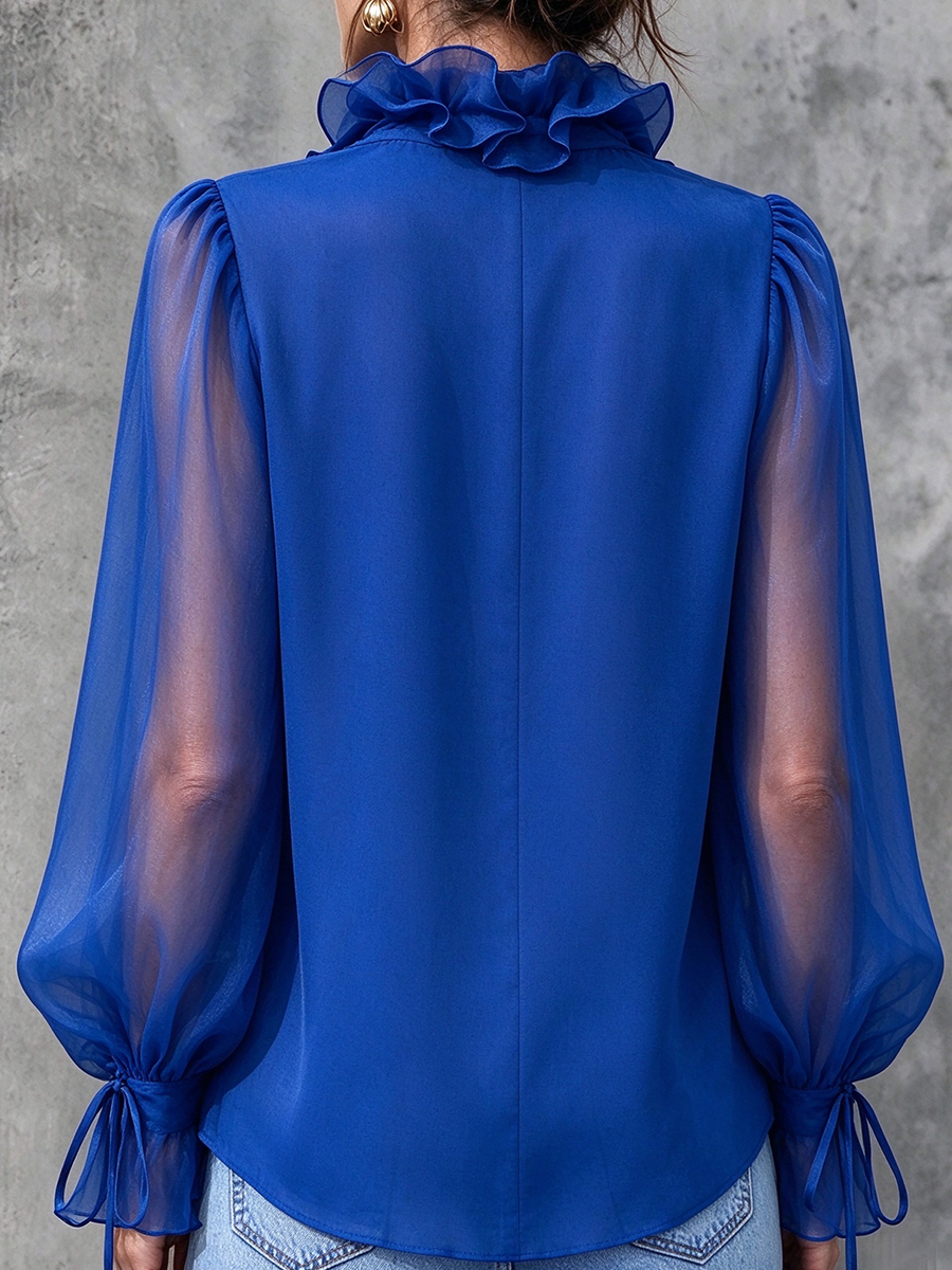 Elegant Ruffled Collar Sheer-sleeve Ruffled Rosette Blouse