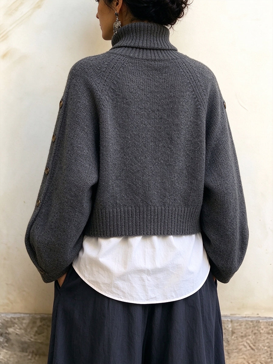 Cozy Button-Sleeve Turtleneck Knit Pullover