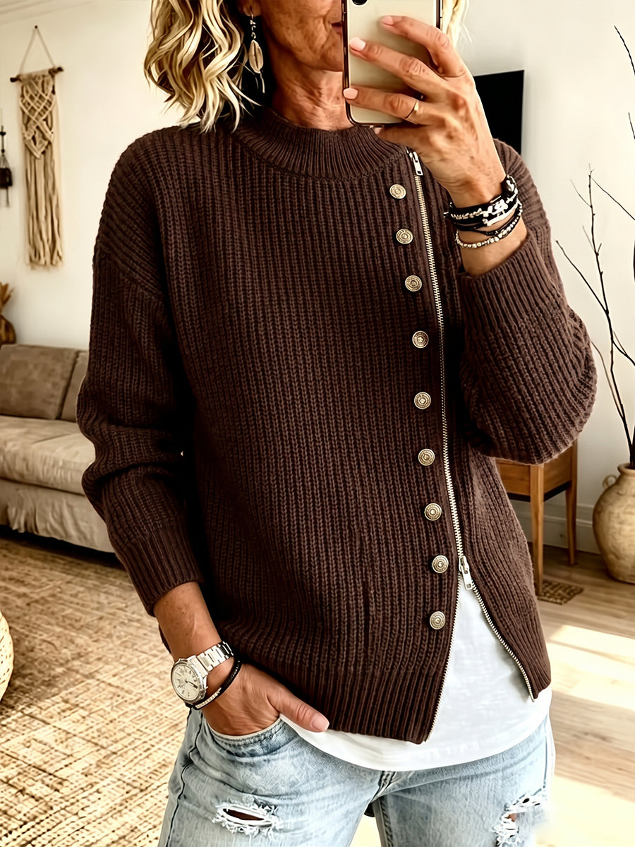 Chic Asymmetric Zip & Button Ribbed Knit Pullover