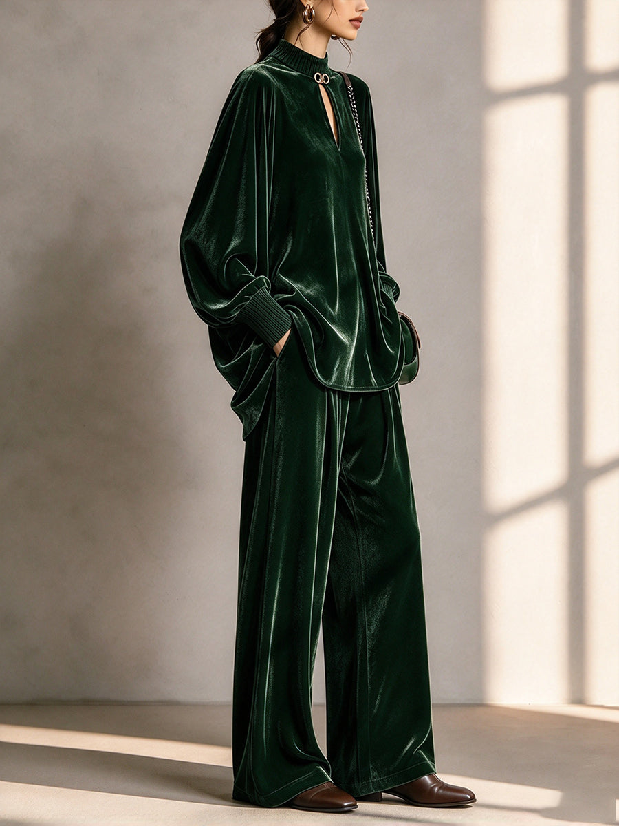 Vintage-style Dark Green Velvet Two-piece Set (top And Wide-leg Trousers)