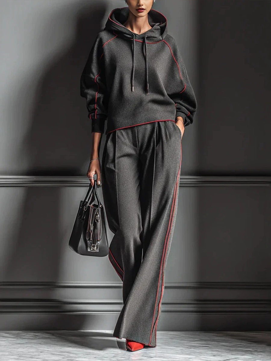 Chic Charcoal Grey Red-Trimmed Hooded Tracksuit Set