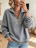 Cozy, Casual, Half-zip Wool-blend Sweater With Striped Cuffs