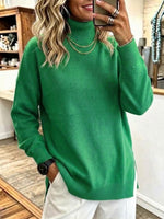 High-neck, Side-slit, Loose-fit Knitted Sweater