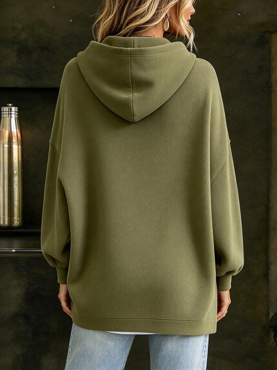 Olive Green Asymmetric Button Hooded Cotton Sweatshirt