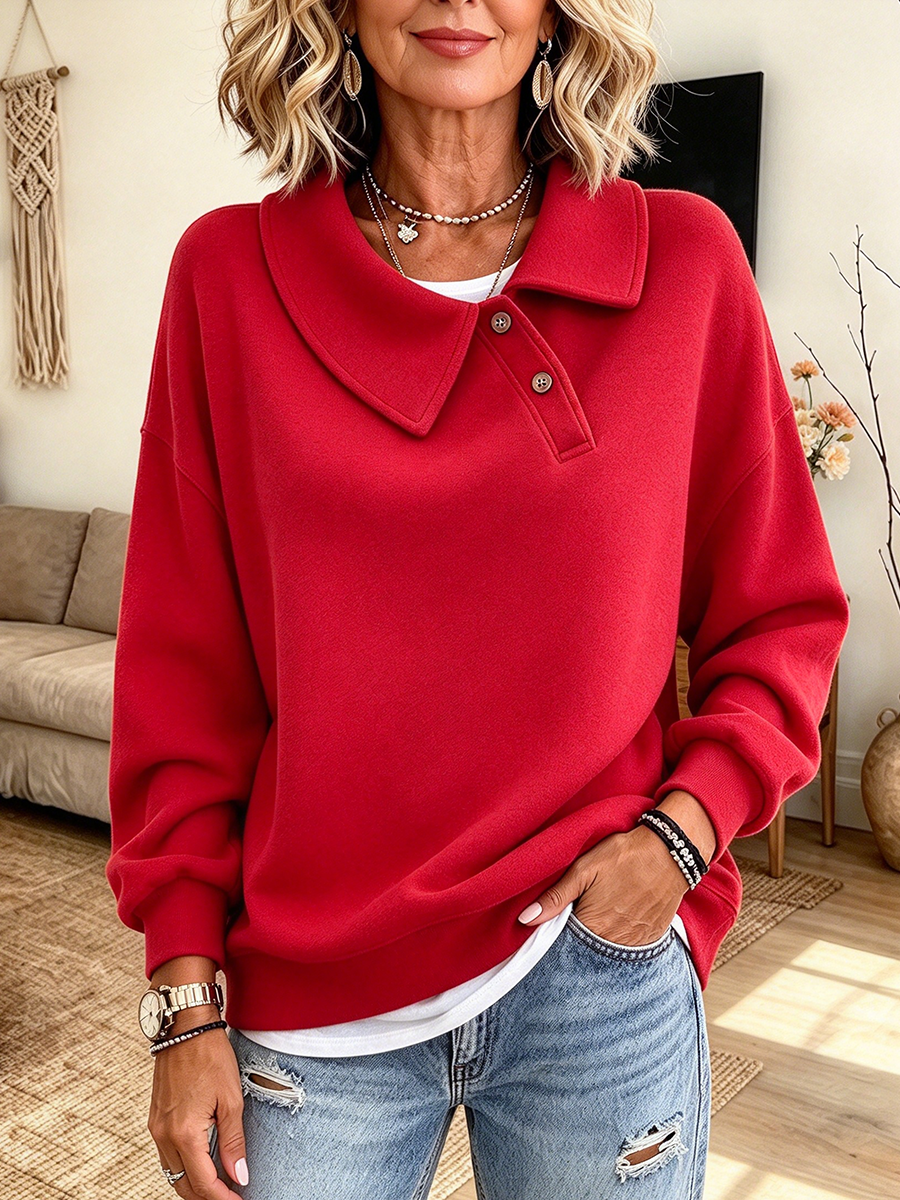 Casual Vibrant Red Fold-over Collar Sweatshirt
